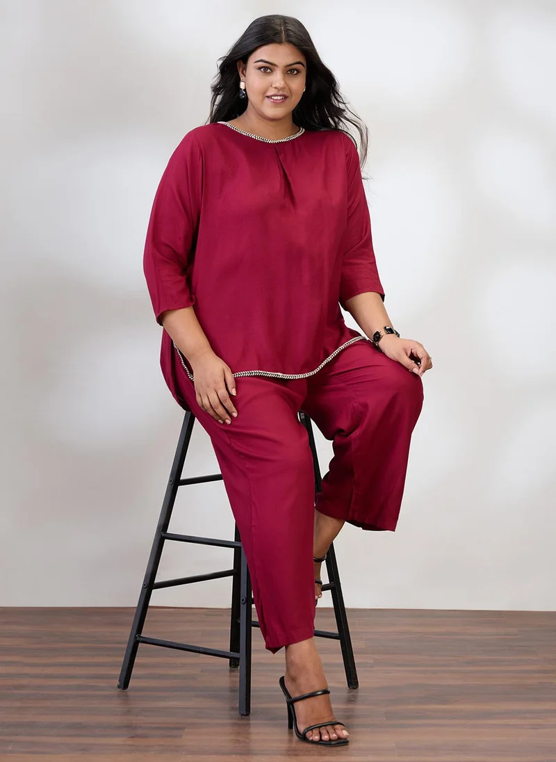 globus Globus Gloplus Women Maroon Round Neck Solid Plus Size Top & Trousers Co-Ord Set